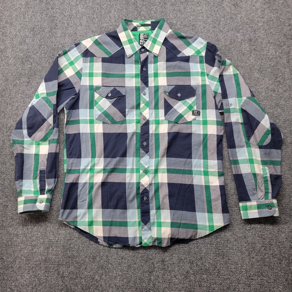 Billabong‎ Mens Large Plaid Button Down Shirt Green Navy Cotton Elbow Patches